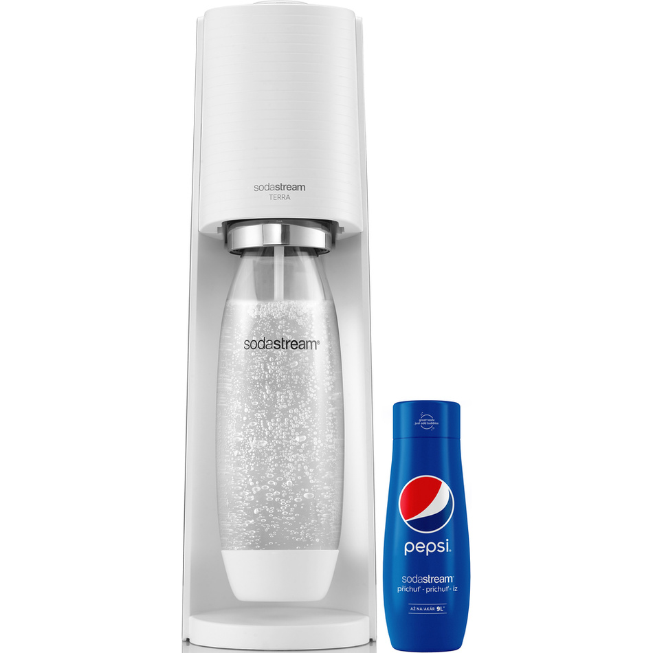 SodaStream Terra Black výrobník perlivé vody se sirupem PEPSI 440 ml zdarma